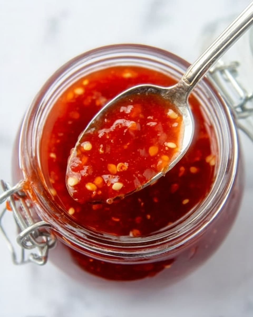 A small clear glass jar filled with bright red chili sauce showing visible chili seeds and chopped bits inside. The jar sits on a white ceramic plate, beside a small shiny silver spoon with some red sauce on it. The background shows soft white cloth and blurred white elements on a white marbled surface, giving a clean and fresh look. The jar is centered and the sauce looks glossy and thick. photo taken with an iphone --ar 4:5 --v 7