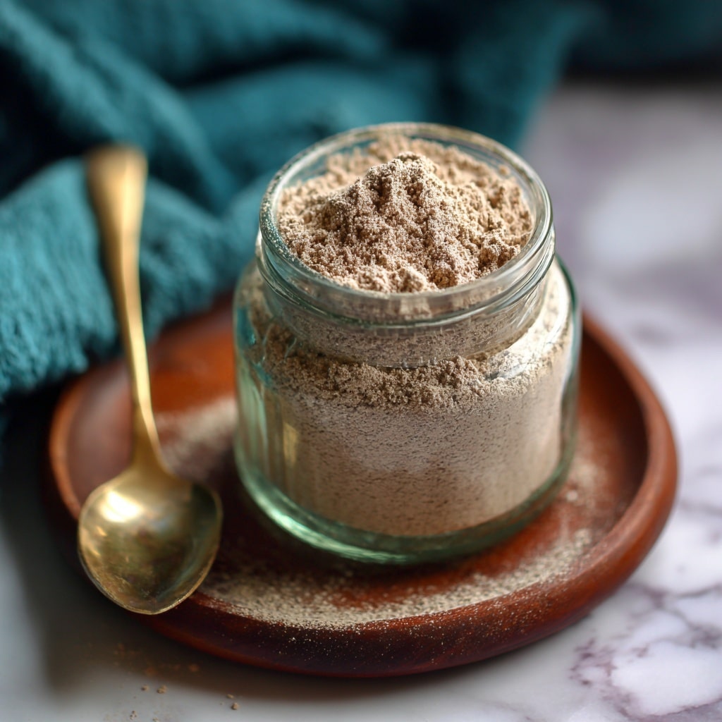 The image shows two containers filled with a light brown chocolate drink placed on a round wooden tray, which rests on a white marbled surface. One container is a glass bottle with a white and pink polka dot straw, and the other is a clear mason jar with a thick layer of cocoa powder on top. Three pink and white polka dot straws are lying next to the mason jar, and a wooden spoon with a bit of cocoa powder is placed on the tray in front. A green textured cloth is in the background on the left side. The photo taken with an iphone --ar 4:5 --v 7
