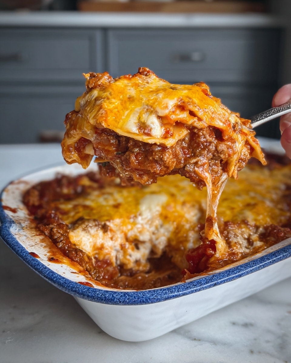 A spoon lifts a layered portion of baked lasagna above a white ceramic baking dish with a blue outer edge, placed on a white marbled surface. The lasagna has four clear layers: the bottom layer is creamy white pasta sheets, followed by a chunky tomato meat sauce with visible ground meat and tomato pieces, then another thin layer of pasta, and topped with melted, golden yellow cheddar cheese that looks bubbly and slightly crispy on top. The cheese layer drips slightly, showing a rich, gooey texture beneath. photo taken with an iphone --ar 4:5 --v 7