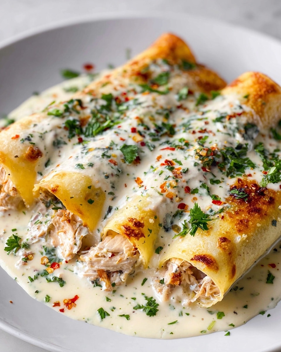 A close-up of a rolled crepe stuffed with shredded chicken covered in a creamy white sauce with green herb bits, topped with melted golden-brown cheese, chopped fresh green parsley, and small red chili flakes scattered across the surface. The crepe sits on a pool of the creamy sauce on a plain white plate, all placed on a white marbled texture surface. Photo taken with an iphone --ar 4:5 --v 7