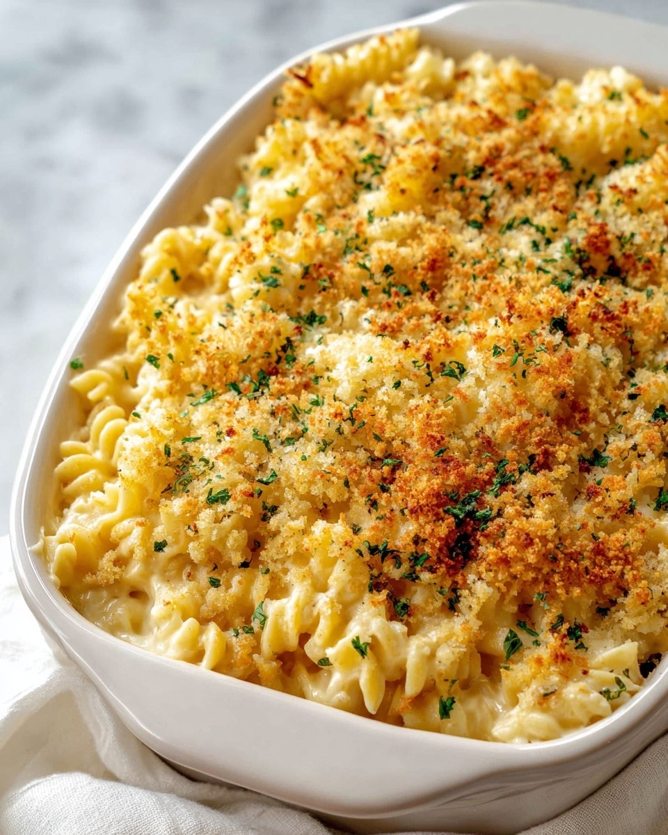 A close-up of a white baking dish filled with creamy macaroni and cheese made with spiral pasta, covered in a thick layer of melted cheese sauce. The top layer has a golden-brown breadcrumb crust with specks of green herbs scattered evenly across, some crumbs slightly darker from baking, creating a crispy texture. The dish is sitting on a white marbled surface with a white cloth partially visible on the side. photo taken with an iphone --ar 4:5 --v 7
