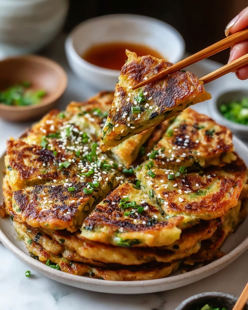A stack of golden-brown, crispy pancakes with visible green onion pieces is arranged in a circular shape on a white plate. The pancakes have a slightly charred texture in some spots, giving a crunchy look. On top, chopped green herbs and white sesame seeds are sprinkled evenly, adding freshness and contrast. A pair of wooden chopsticks held by a woman's hand lifts one triangular slice, showing a soft, fluffy inside with bits of green onion. The background is softly blurred with hints of small bowls. The whole scene is set on a white marbled surface. photo taken with an iphone --ar 4:5 --v 7