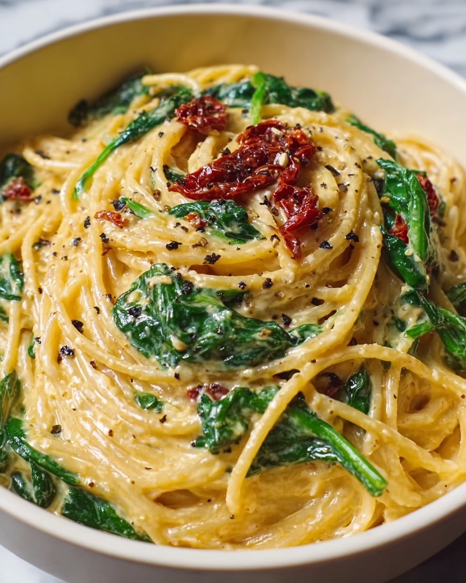 A white plate with a thin brown rim holds a creamy pasta dish with thick, round noodles layered throughout. The pasta is coated in a pale, creamy sauce mixed with bright green spinach leaves scattered all over. Between the noodles and spinach are small pieces of reddish-brown sun-dried tomatoes, adding a rich color contrast. A gold fork sits on the right side of the plate, resting partly on the noodles. The plate is placed on a white marbled surface with a textured cloth nearby and a glass of sparkling drink at the top right corner. Photo taken with an iphone --ar 4:5 --v 7