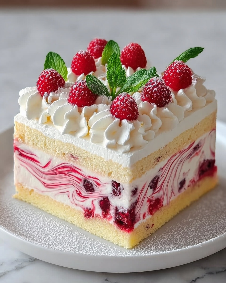 A square cake with three visible layers is shown on a white plate, placed on a white marbled surface. The bottom layer is a light yellow sponge cake, smooth and firm. The middle layer is thicker, creamy white with red swirls creating a marble effect, giving a soft and smooth texture. The top layer is white whipped cream spread evenly. On top of the cake, there are eight white whipped cream swirls with fresh red raspberries placed on each swirl, and a few green mint leaves scattered for decoration. The cake is dusted lightly with powdered sugar. Photo taken with an iphone --ar 4:5 --v 7