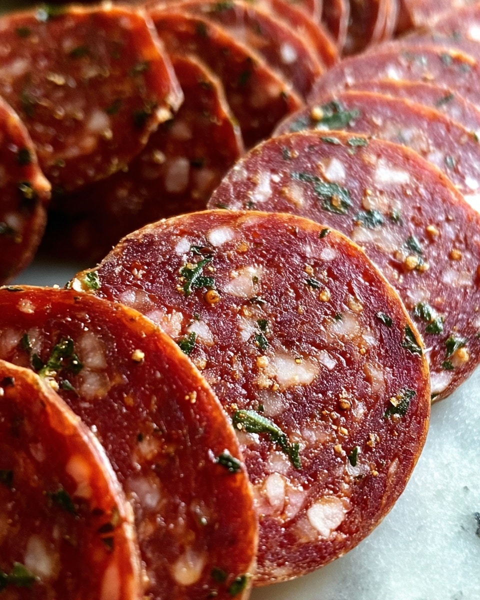 A close-up view of several thin, round slices of reddish-brown sausage with bits of white fat and green herbs speckled throughout, arranged neatly in overlapping rows on a white marbled surface. The slices show a slightly rough texture with visible spices, creating a rich and seasoned look. Photo taken with an iphone --ar 4:5 --v 7