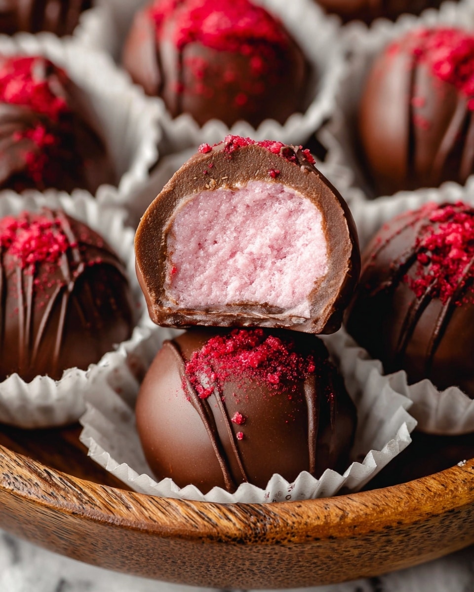 A close-up view shows several round chocolate truffles resting in white paper cups on a wooden tray. Each truffle is coated in smooth milk chocolate with a sprinkle of bright red powder on top. One truffle is cut in half in the front, revealing a thick layer of textured, creamy pink strawberry filling inside, surrounded by a thin milk chocolate shell. The red powder adds a rough texture atop the glossy chocolate surface, while the pink filling contrasts softly with the rich brown outer layer. The background is a white marbled texture. photo taken with an iphone --ar 4:5 --v 7