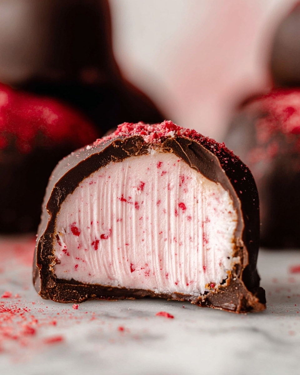 A close-up view of a chocolate-coated confection with a bitten section that reveals its inside. The outer layer is dark brown, smooth chocolate with a slight shine and some small cracks where it has been bitten. Inside, there is a thick, pale pink creamy layer with tiny red specks scattered throughout, appearing soft and textured with vertical lines. The confection is resting on a white marbled surface, sprinkled with red crumbs around it, with a blurred background showing other similar treats. Photo taken with an iphone --ar 4:5 --v 7