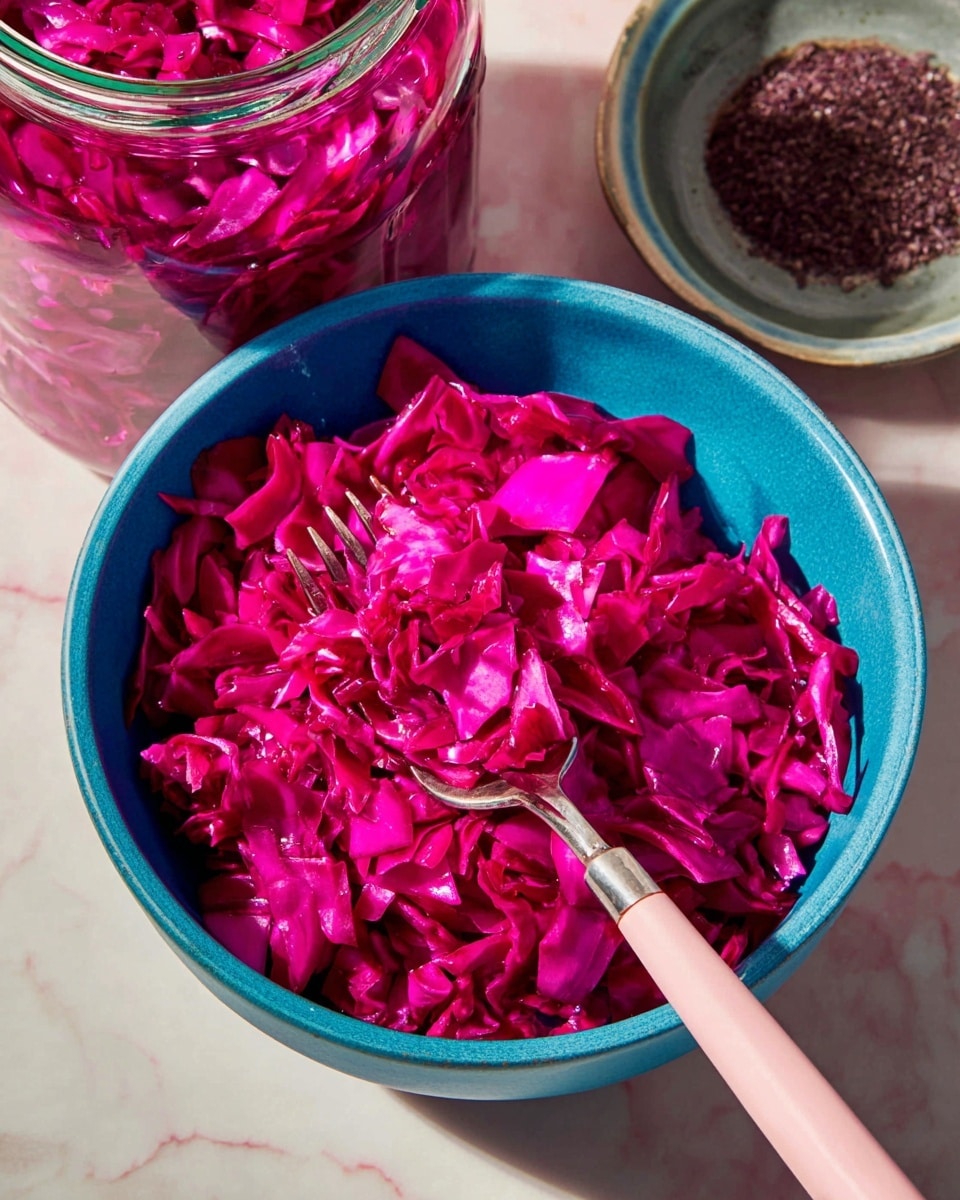 A tall clear glass jar filled with finely chopped bright purple-red cabbage submersed in a liquid, giving the cabbage a shiny and juicy texture, with silver metal tongs placed upright inside the jar. In the background, there are small white ceramic bowls with some chopped cabbage and spices, set on a white marbled surface with a turquoise tiled wall behind. The overall look is fresh and vibrant with strong purple and teal colors. photo taken with an iphone --ar 4:5 --v 7