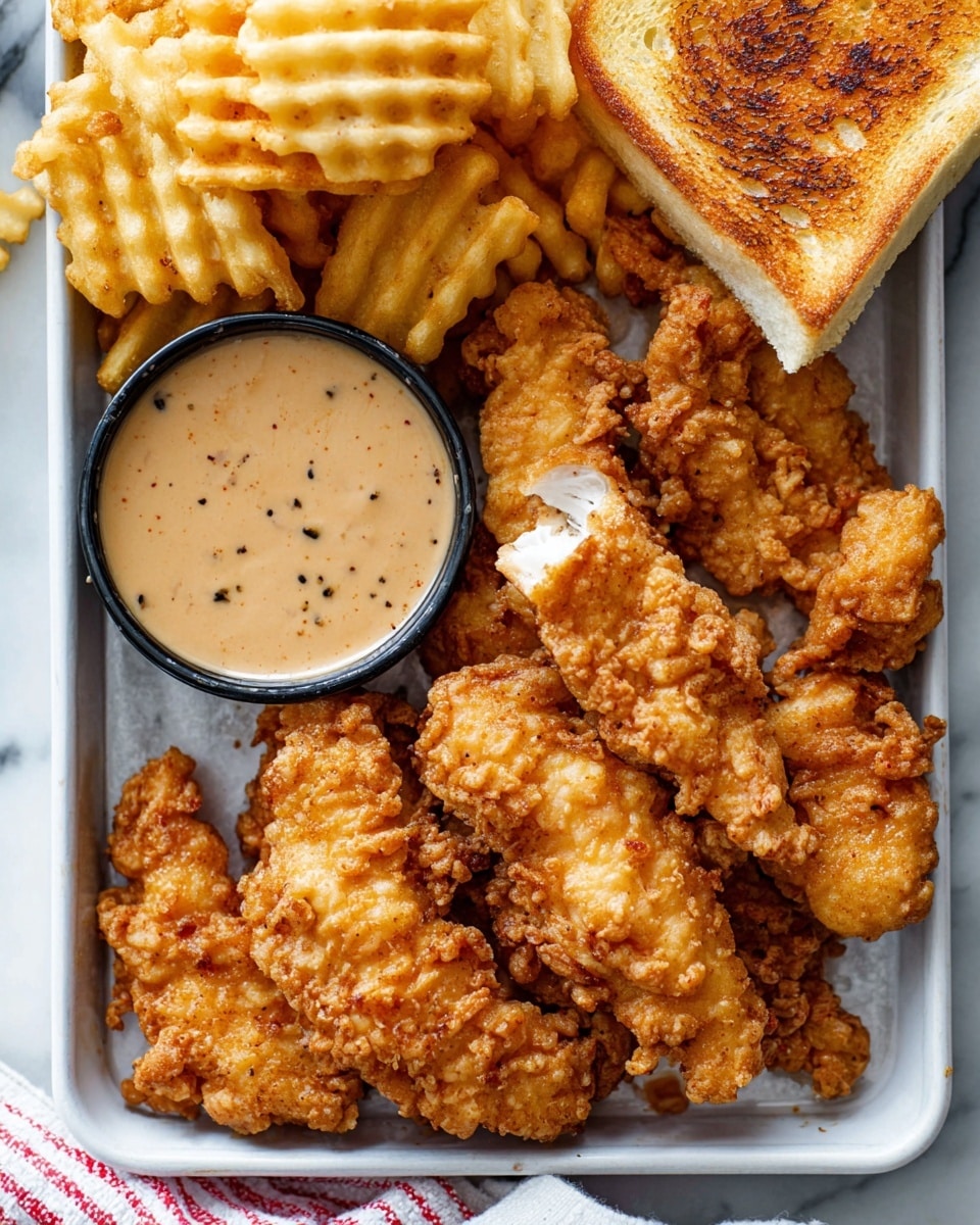 A crispy golden-brown fried chicken strip is being dipped into a small black round bowl filled with creamy light orange sauce with small dark specks. The chicken strip has a rough, crunchy texture with visible crispy crumbs. The bowl is placed on a white marbled surface, surrounded by other golden fried chicken strips and crinkle-cut fries, creating a warm and inviting food scene. A woman's hand holds the chicken strip from the top right corner. Photo taken with an iphone --ar 4:5 --v 7