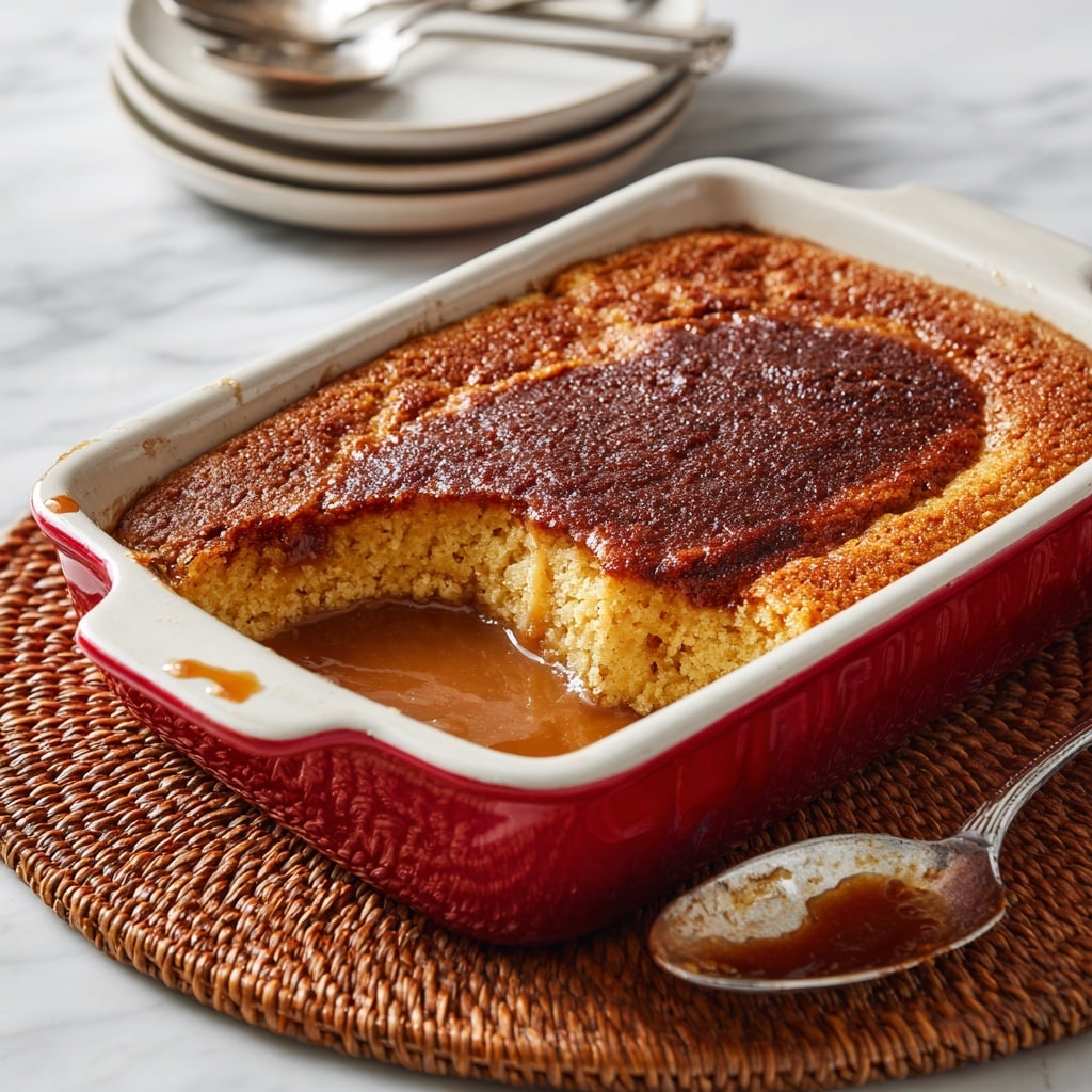 A close-up view of a baked dish in a white baking pan with a red exterior and handle, showing a golden-brown crust on top that is slightly cracked, revealing a thick, smooth, light brown filling beneath. The crust is soft and crumbly with a porous texture, covering the whole surface except for a portion scooped out from one corner, exposing the dense, gooey filling that contrasts with the dry, airy crust. The pan is placed on a textured woven surface with part of a white plate visible to the side. Photo taken with an iphone --ar 4:5 --v 7