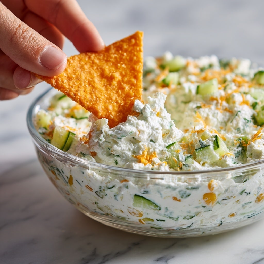 A close-up image shows a clear glass bowl filled with creamy white cottage cheese mixed with small pieces of green cucumber and tiny orange bits, possibly corn or carrot. A woman's hand is holding an orange, triangular, crispy tortilla chip, dipping it slightly into the cottage cheese mixture. The creamy texture contrasts with the rough, crunchy chip, and the bowl is placed on a surface with a white marbled texture. photo taken with an iphone --ar 4:5 --v 7
