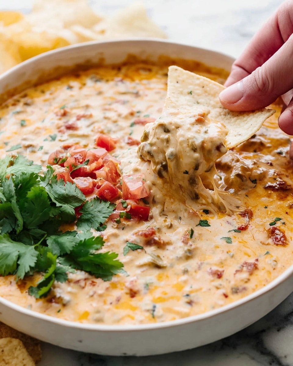 A bowl filled with creamy, chunky cheese dip that has a light orange color mixed with bits of ground meat and red tomato pieces throughout, with fresh green cilantro leaves placed on top near the center; a white tortilla chip dipped into the cheese is held by a woman's hand on the right side. The bowl is white with a brown rim and sits on a white marbled background scattered with more white tortilla chips and some cilantro leaves around it. photo taken with an iphone --ar 4:5 --v 7