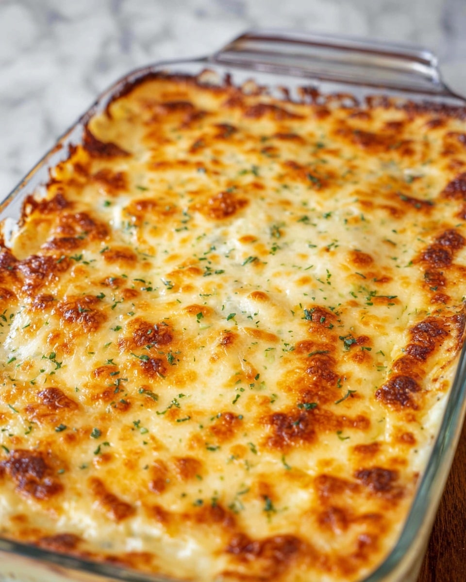 A close-up view of a baked dish in a clear glass rectangular casserole with two handles. The dish has one main thick top layer with a golden brown bubbly cheese crust, with slightly browned spots and sprinkled with small bits of green herbs. The texture looks creamy underneath the browned cheese. The casserole is placed on a white marbled surface. photo taken with an iphone --ar 4:5 --v 7