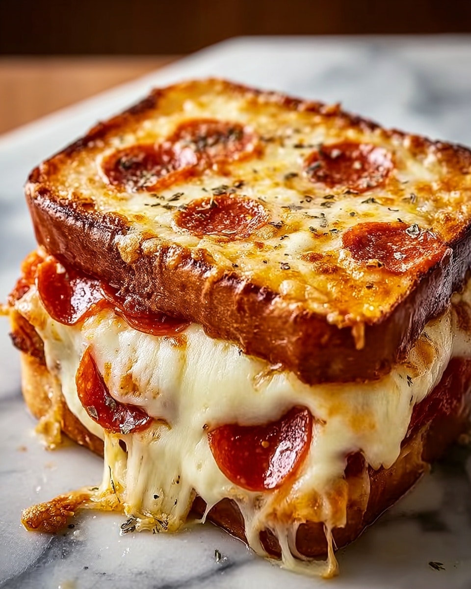 The image shows a thick, toasted sandwich cut in half, with two layers of golden brown bread that have a crispy, slightly charred surface. Between the bread layers are melted white and orange cheeses that stretch and drip out, combined with red pepperoni slices where the edges are slightly curled and crisped. The top layer of bread has a shine from melted cheese and small dried herbs sprinkled on it. The sandwich rests on a parchment paper with a white marbled surface in the background, giving a clean and simple look. Photo taken with an iphone --ar 4:5 --v 7