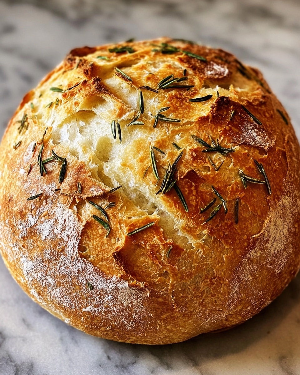 The image shows a round loaf of rustic bread with a golden-brown crust and a slightly cracked surface revealing soft, airy white bread inside. The top is decorated with scattered green rosemary leaves and a few light-colored pine nuts. The crust has a mix of shiny and matte textures with a light dusting of white flour around the edges. The bread sits on a piece of white parchment paper placed on a white marbled surface. photo taken with an iphone --ar 4:5 --v 7