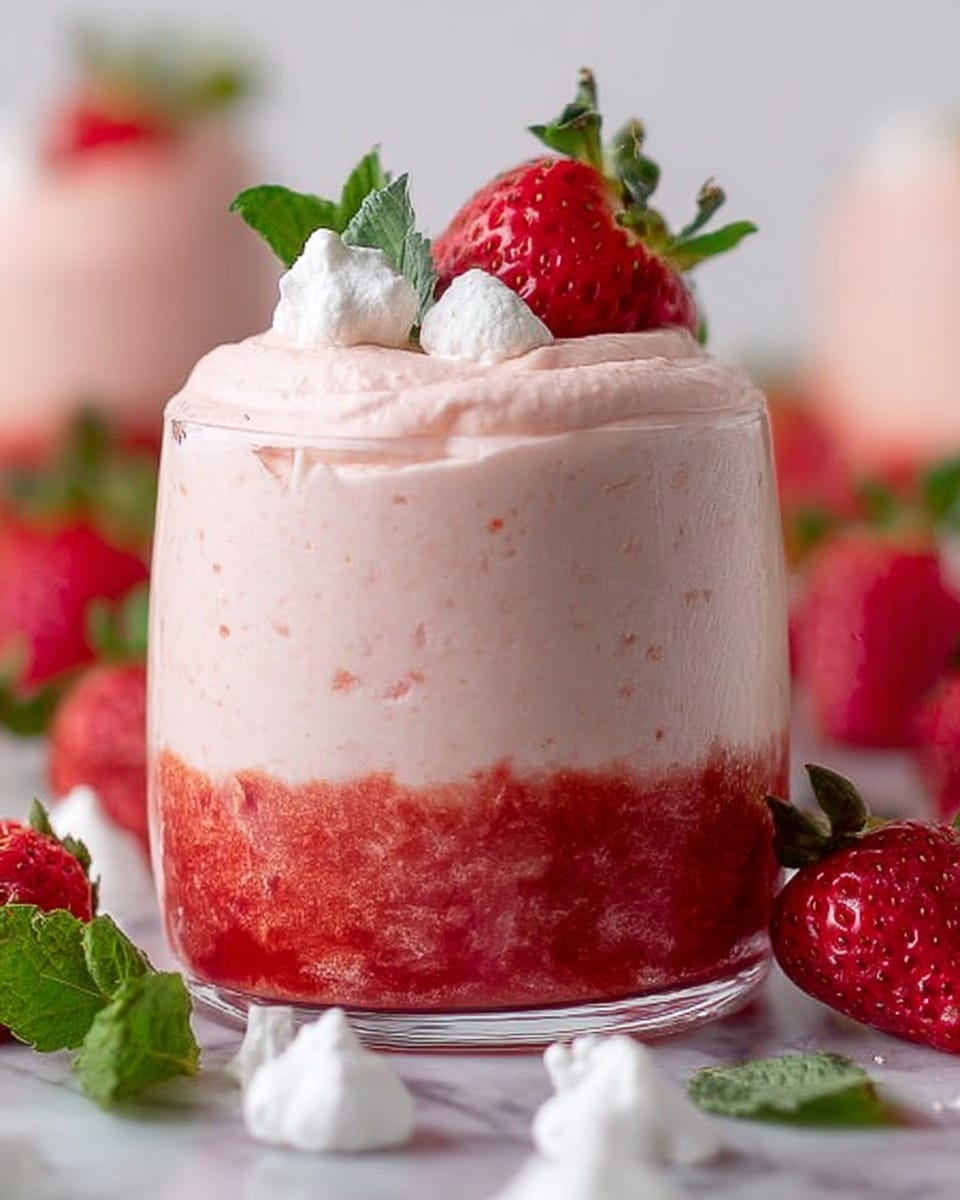 The image shows a clear glass filled with a dessert made of two main layers. The bottom layer is bright red and looks like crushed strawberries or strawberry sauce, with a slightly chunky texture. Above this is a thick, pale pink creamy layer that looks smooth and fluffy, likely strawberry mousse or whipped cream mixed with strawberry bits. On top, there is a small fresh strawberry and a few tiny white marshmallows placed as decoration. In the background, there are three more similar glasses filled with the same dessert, sitting on a white marbled surface with a few fresh strawberries and marshmallows scattered around. The photo taken with an iphone --ar 4:5 --v 7