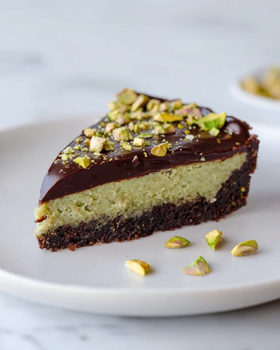 A slice of tart with three visible layers sits on a white plate on a white marbled surface. The bottom layer is a dark brown, crumbly crust. The middle layer is thick, green, and creamy with a slightly textured surface. The top layer is a smooth, dark chocolate ganache with a matte finish. On top of the ganache are chopped pistachios in shades of green and yellow, scattered unevenly. Some crumbs from the crust are loose on the plate near the slice. The blurred background shows a white object, likely a cake stand. photo taken with an iphone --ar 4:5 --v 7