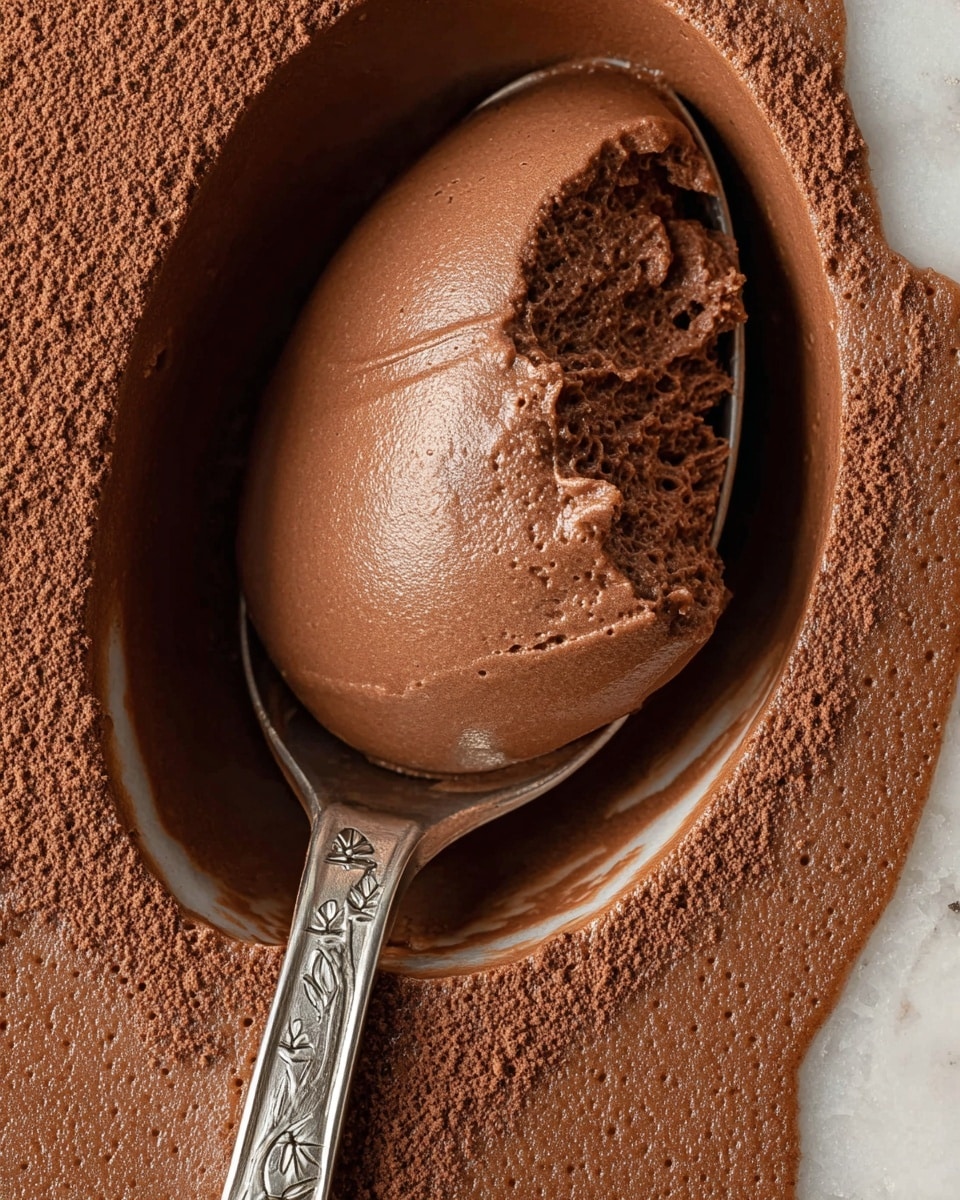 A close-up view of a large spoon scooping a smooth, creamy layer of rich dark brown chocolate mousse. The mousse has a soft, velvety texture with some small bubbles visible on the edges and a shiny surface in the middle. The spoon has a detailed floral pattern on its handle and is pressing into the thick chocolate layer spread over a white marbled surface. photo taken with an iphone --ar 4:5 --v 7