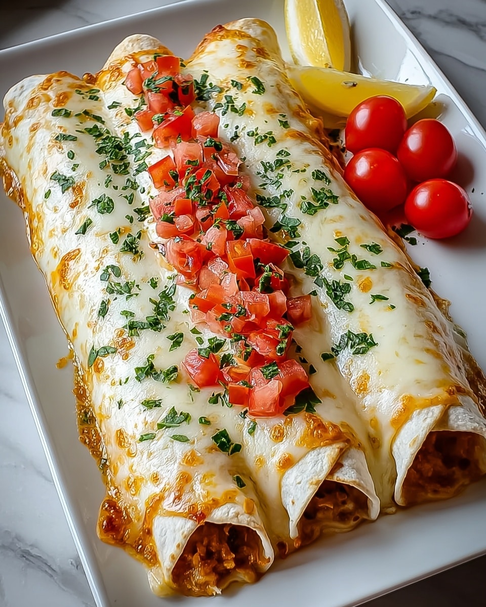 Three rolled tortillas are placed side by side on a white rectangular plate, each filled and topped with a melted layer of white and slightly golden cheese that covers them completely. The cheese layer is thick and creamy, with some bubbling edges showing a rich sauce beneath. A line of finely chopped red tomatoes and green herbs runs down the center on top of the cheese, adding fresh color. On one corner of the plate, there is a cluster of bright red cherry tomatoes and a yellow lemon wedge. The plate sits on a white marbled textured surface. photo taken with an iphone --ar 4:5 --v 7