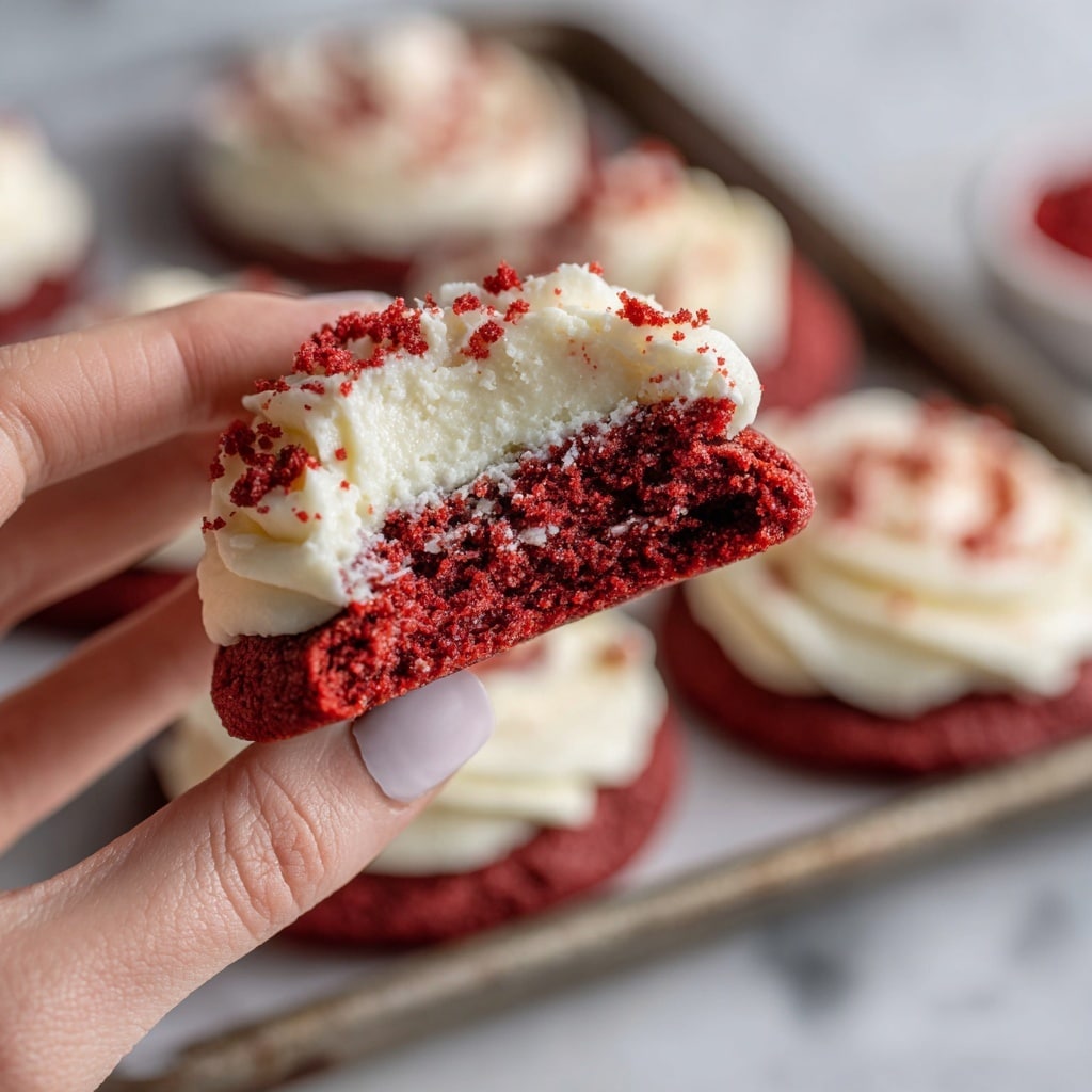 A woman's hand is holding a red velvet cookie that is split in half to show its inside. The cookie has a deep red color, soft and moist texture, and is filled and topped with thick, creamy white frosting. Small red crumbs cling to the frosting, adding texture contrast. The background is a tray with more cookies slightly blurred, sitting on a white marbled surface. Photo taken with an iphone --ar 4:5 --v 7