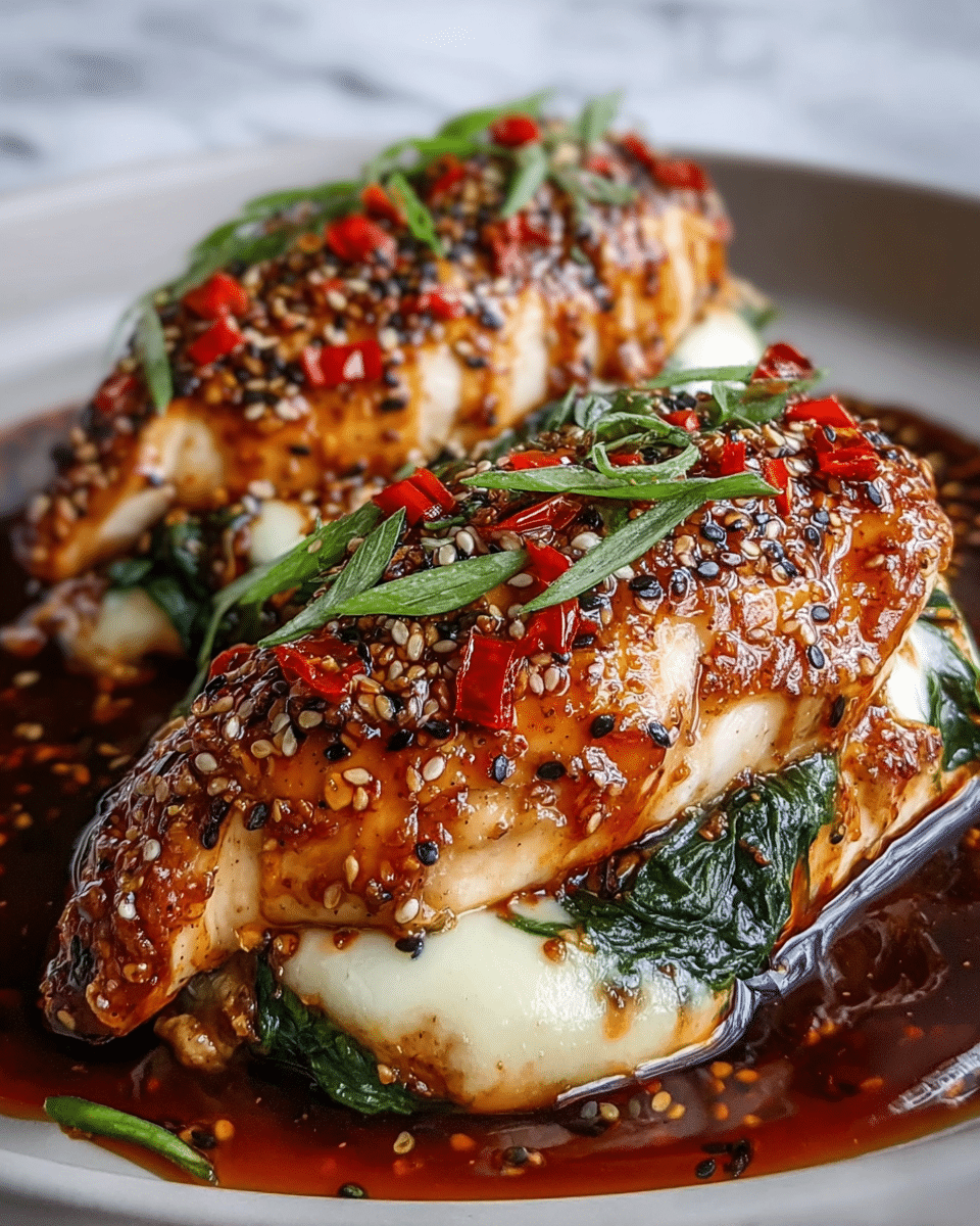 Two cooked chicken breasts are shown topped with several layers. The bottom layer is a white melted cheese with a soft and creamy texture, partially covered by wilted dark green spinach leaves. The chicken breasts have a golden brown seared surface sprinkled with black pepper and sesame seeds. On top, there is a shiny, sticky reddish-brown sauce with small pieces of bright red roasted peppers and thin strips of fresh green herbs scattered over them. The dish is on a white plate, and the background has a white marbled texture. photo taken with an iphone --ar 4:5 --v 7