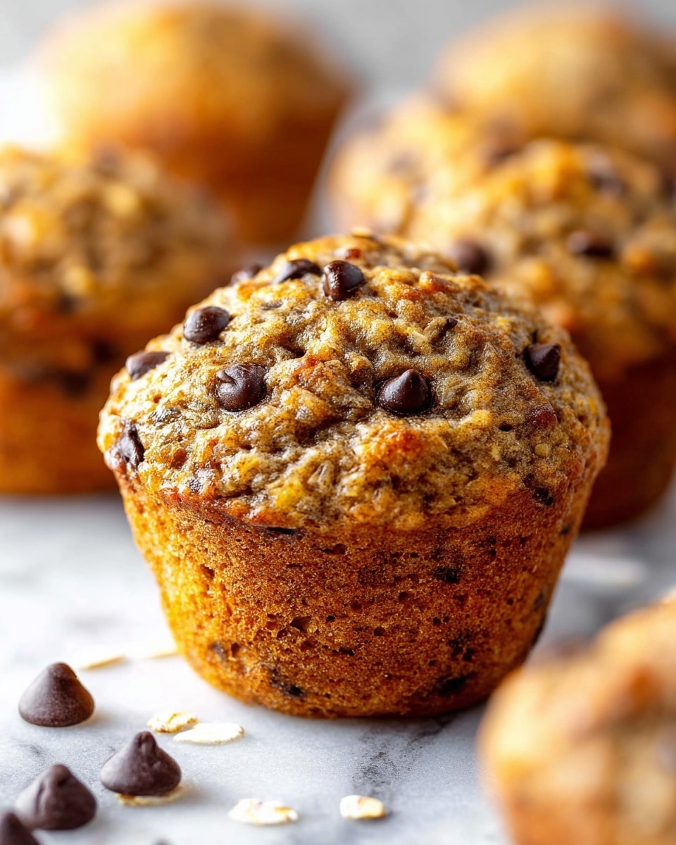 The image shows a close-up of two chocolate chip muffins stacked, with the top muffin cut in half to reveal its inside. The muffins have a golden brown crust with a slightly crunchy texture on the outside. Inside, the muffins are light beige and look soft and moist with many small air holes, dotted generously with dark brown melted chocolate chips scattered throughout both halves. The muffins sit on a surface with a white marbled texture, and a few chocolate chips lie in front of them. The lighting highlights the muffins' warm, appetizing colors and textures. photo taken with an iphone --ar 4:5 --v 7