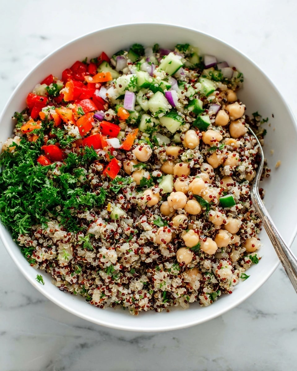 A white bowl filled with a colorful quinoa salad showing three main layers: the base layer is a mix of white and red quinoa grains with a fluffy texture; the middle layer includes round beige chickpeas scattered throughout; and the top layers consist of finely chopped bright green parsley, small green cucumber pieces with a watery texture, diced red bell peppers with a smooth surface, and tiny bits of purple onion adding sharp color contrasts, all mixed evenly together. A silver spoon rests inside the bowl on the right side, partially submerged in the salad. The bowl sits on a white marbled surface. Photo taken with an iphone --ar 4:5 --v 7