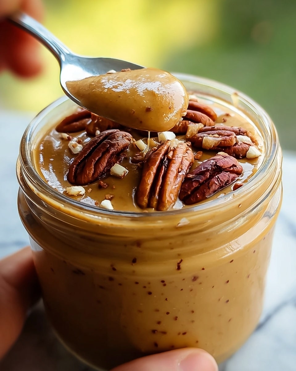 A close-up view of a thick, creamy caramel-colored spread in a clear glass jar, topped with scattered pieces of glossy, dark brown pecan halves that add texture and richness. The jar is held delicately by a woman's hand at the bottom left corner, with a blurred green and light background behind it. The spread looks smooth but with some small nut pieces throughout, and the top layer glistens under the light, highlighting the sticky, rich texture. The photo is crisp and focused on the jar's top edge, showing detailed textures of the spread and pecans. photo taken with an iphone --ar 4:5 --v 7