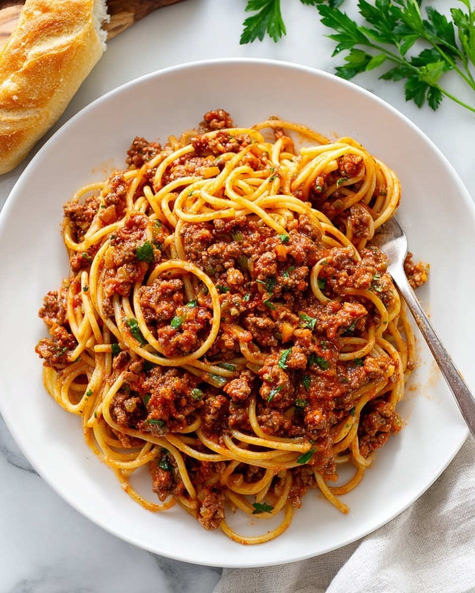 A close-up view of a blue large dutch oven pot filled with thick, rich, brownish-red meat sauce with visible chunks of cooked ground meat and small pieces of green herbs and red tomatoes. A wooden spoon is partially submerged on the right side, lifting some sauce, showing its chunky texture. In the background, there are blurred slices of beige bread on a wooden board and some fresh green herbs on a white marbled surface with a folded white cloth nearby. photo taken with an iphone --ar 4:5 --v 7