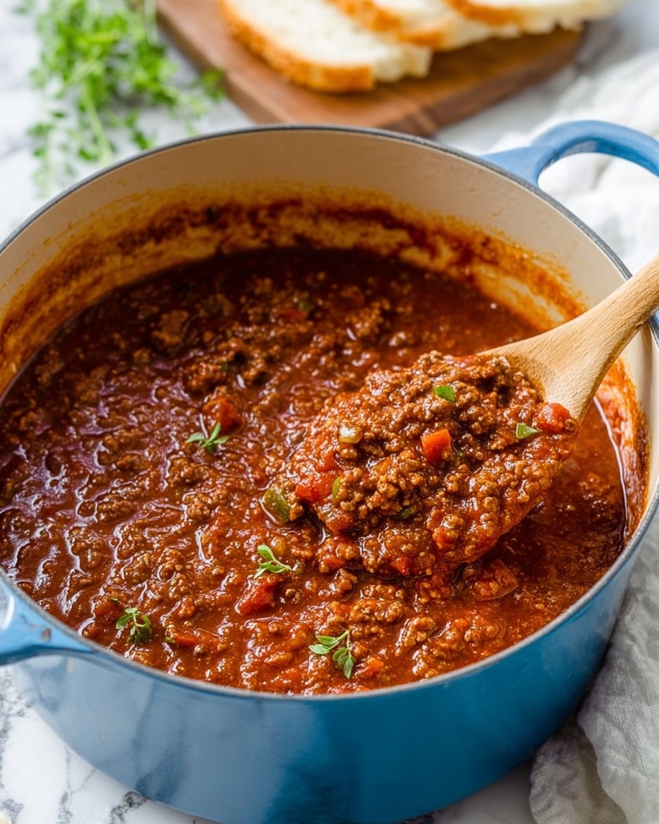 A white plate holds a generous serving of spaghetti mixed with chunky meat sauce, where long, golden-yellow noodles are coated with thick, reddish-brown sauce containing visible pieces of ground meat and small bits of green herbs scattered throughout. A silver fork rests on the right side of the plate, slightly sinking into the pasta. The plate is placed on a white marbled surface with some bread visible at the top left and green parsley leaves and a white cloth in the background on the right. photo taken with an iphone --ar 4:5 --v 7
