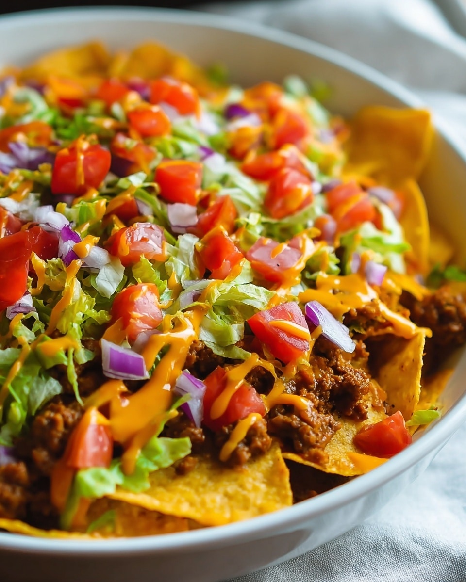 A white bowl filled with layered nachos is shown in close-up. The bottom layer is crispy yellow tortilla chips, topped with cooked brown ground beef scattered across. Bright red diced tomatoes and finely chopped purple onions are sprinkled generously, mixed with shredded light green lettuce on top. Melted orange cheese sauce is drizzled evenly over to add a creamy texture, blending with all ingredients. The dish looks colorful with fresh, crunchy, and rich textures all mixed together. Photo taken with an iphone --ar 4:5 --v 7