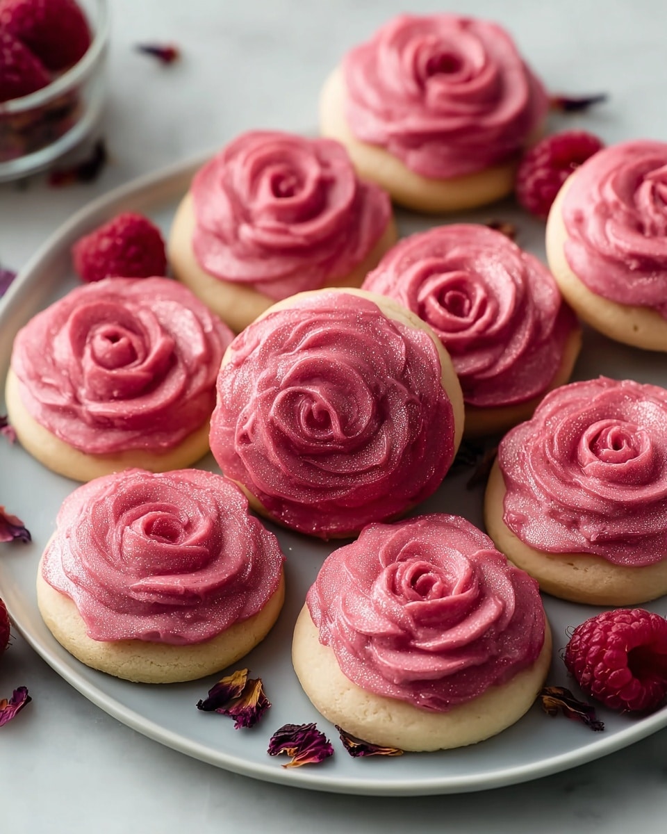 A white plate holds around ten small round cookies, each topped with thick, rose-shaped pink frosting that has subtle shimmer. The frosting forms detailed petal layers in a deep pink color, with some variation in shading to highlight depth. The cookie base is light beige and smooth, visible just beneath the frosting. Scattered around and between the cookies are dark pink dried rosebuds and a few fresh raspberries, adding texture and contrast. The white marbled surface underneath enhances the colors and details, making the pink tones more vibrant. photo taken with an iphone --ar 4:5 --v 7