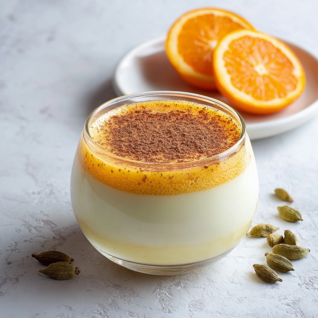 A clear glass container with a short, round shape holds a two-layer dessert. The bottom layer is a smooth, creamy white base, topped by a thinner, shiny golden yellow layer. The top is sprinkled with a dusting of brown powder, likely cinnamon. Behind the glass, there are two half slices of bright orange fruit placed on a white plate, along with a few whole cardamom pods scattered to the side. The scene is set on a white marbled surface with soft, natural light highlighting the dessert. photo taken with an iphone --ar 4:5 --v 7