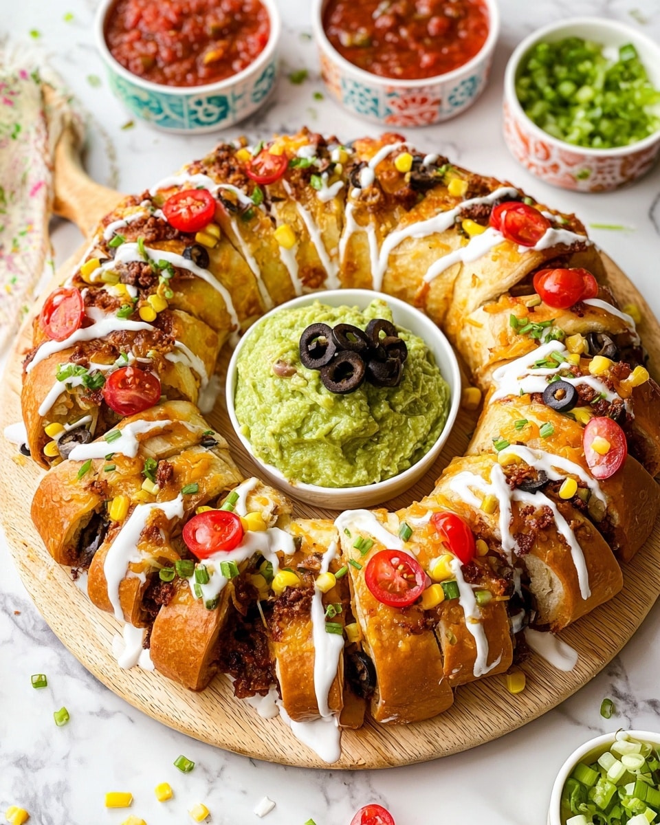 A golden brown ring-shaped pastry is cut into many slices, each slice filled with a dark brown, crumbly meat mixture. On top of the pastry are scattered yellow corn kernels, sliced black olives, bright red halved cherry tomatoes, and chopped green onions. A white creamy sauce is drizzled over the entire ring in thin lines. In the center of the pastry ring is a round white bowl filled with chunky green guacamole, topped with sliced black olives and more chopped green onions. The dish is placed on a light wood board with small bits of the toppings scattered around. In the background, there are bowls with a red sauce and chopped green onions on a white marbled surface. photo taken with an iphone --ar 4:5 --v 7