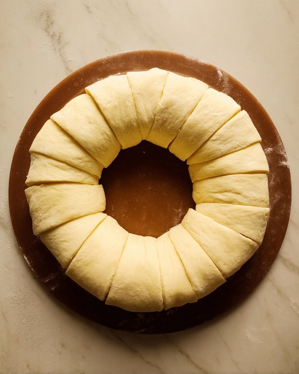 A ring-shaped dough is arranged on a round brown pizza stone, segmented into even triangular slices with clear fold lines showing its soft, slightly textured surface. The dough is pale yellow and thick, smoothly rounded on the outer edge with an empty center hole, forming a wreath-like shape with visible creases where the dough has been joined. The brown baking stone beneath has a matte finish that contrasts gently with the dough’s light color, and the overall scene rests on a white marbled texture background. photo taken with an iphone --ar 4:5 --v 7