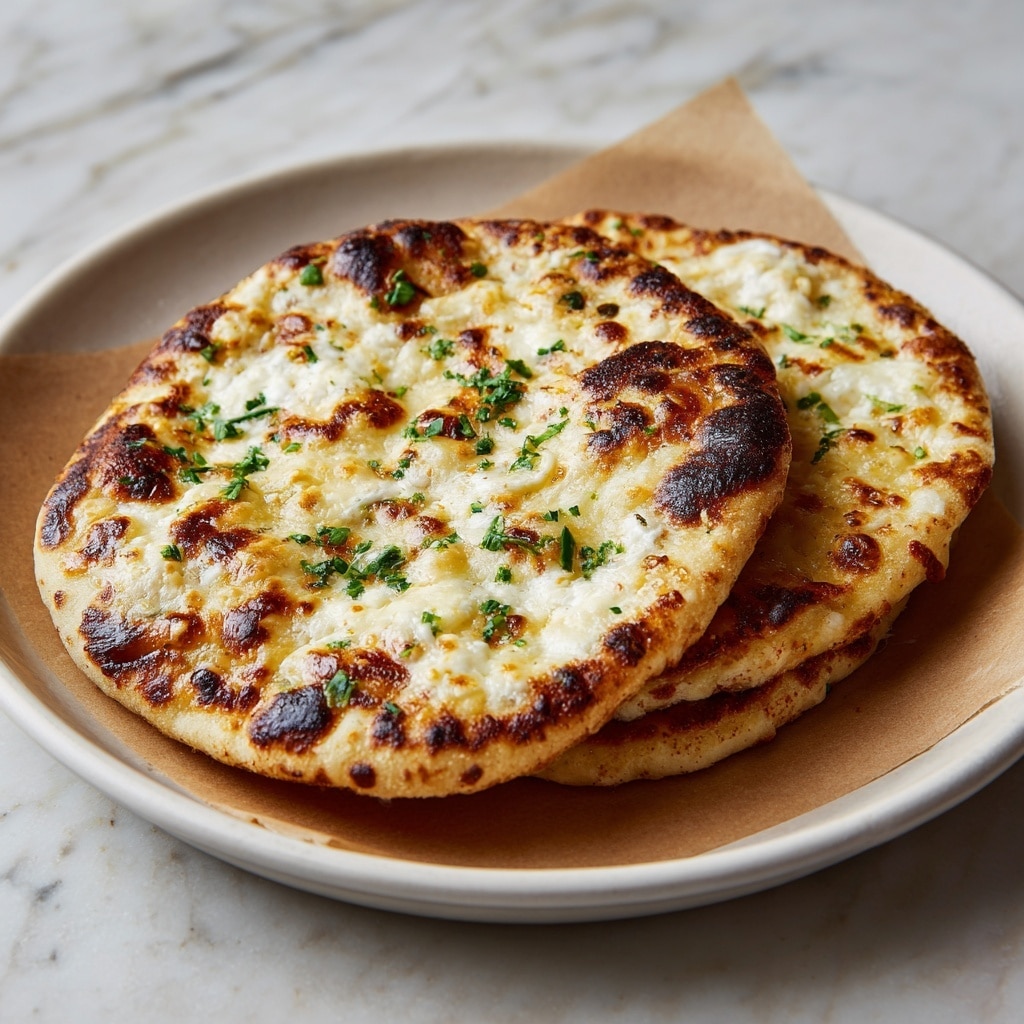 Two pieces of flatbread are stacked on a white plate with parchment paper underneath; the top flatbread shows a golden-brown crispy crust with charred spots, sprinkled with small bright green herb pieces. The surface of the flatbread has a textured mix of melted cheese with creamy white and orange-yellow patches, slightly bubbled and toasted. The edges are puffed and browned, giving a rustic look, set on a white marbled surface. Photo taken with an iphone --ar 4:5 --v 7