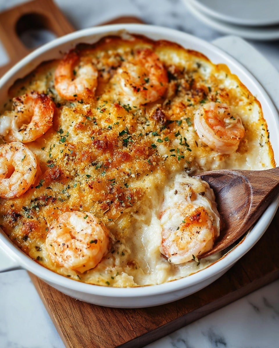 A round white baking dish filled with a creamy baked shrimp gratin, showing a golden brown, slightly crispy top layer of melted cheese. On top, six plump shrimp with a light pink and white color are arranged evenly, slightly browned from baking. Small sprigs of fresh green herbs are scattered on the surface, adding a touch of color. The edges of the dish show some baked cheese crust that has browned more deeply. The dish sits on a light brown wooden board above a soft gray cloth on a white marbled surface. In the background, out of focus, are some whole onions and a bottle, adding warmth to the scene. Photo taken with an iphone --ar 4:5 --v 7
