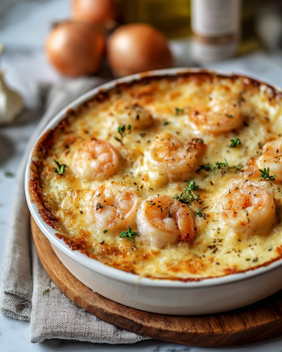 A white round ceramic dish filled with a creamy baked shrimp gratin, showing a top layer of golden-brown melted cheese mixed with herbs and crispy breadcrumb bits, dotted with plump, pink shrimp that have a slightly charred edge. A wooden spoon scoops out part of the soft, creamy filling underneath, revealing a rich, pale sauce beneath the textured, cheesy crust. The dish sits on a wooden board placed on a white marbled surface, highlighting the warm colors and textures of the gratin. photo taken with an iphone --ar 4:5 --v 7