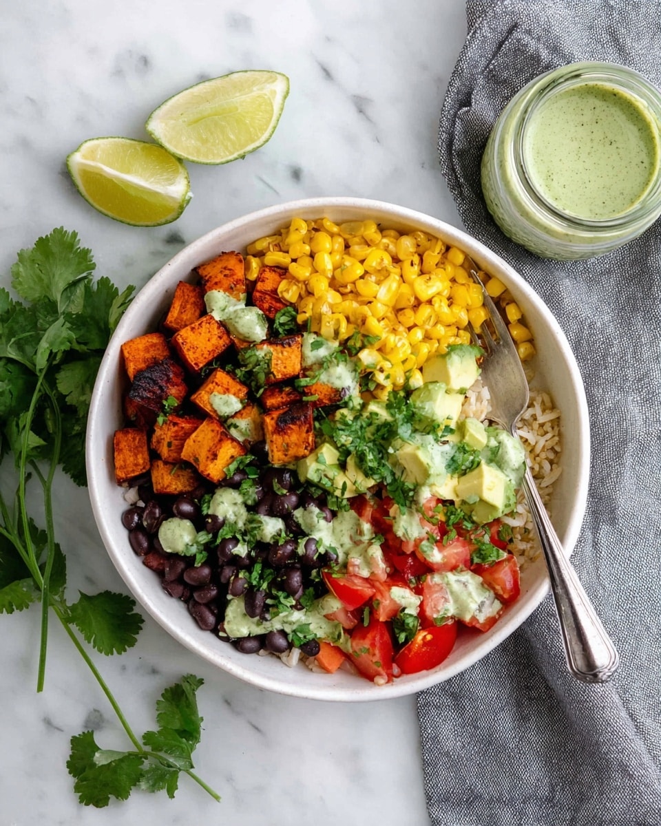 A white bowl with six sections of colorful food layers is placed on a white marbled surface. Starting from the top left, there is a layer of orange roasted sweet potato cubes, next to it on the right is a section of green diced avocado. Below the avocado, bright red tomato pieces are arranged. Under the tomatoes and toward the bottom center, there are black beans with a drizzle of light green sauce on top. To the left of the black beans is a portion of brown rice, and above the rice on the left side, there is bright yellow corn with some sauce drizzled on it as well. Fresh green cilantro leaves are scattered on the food, and a silver fork rests on the right side inside the bowl. To the top left of the bowl, there is a small jar of green sauce with a spoon inside, and lime wedges are placed on the lower left side. A gray cloth is folded and placed in the upper right corner. photo taken with an iphone --ar 4:5 --v 7