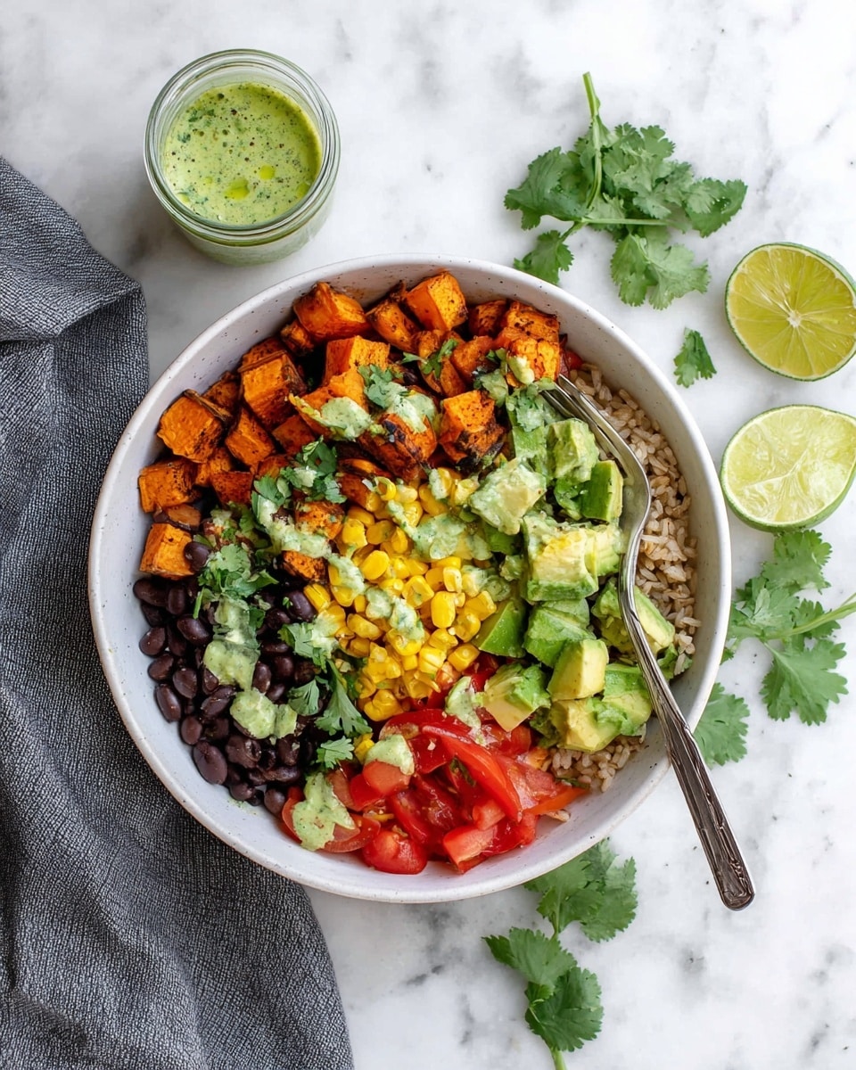 A white bowl contains six distinct layers arranged side by side: bright yellow corn, dark roasted cubed sweet potatoes with a rough texture, creamy light green avocado chunks, juicy red diced tomatoes, shiny black beans, and a small portion of light brown rice. The layers are lightly drizzled with a pale green herb sauce and sprinkled with fresh cilantro leaves. A silver fork rests on the edge of the bowl. Surrounding the bowl is a jar with more green sauce, fresh cilantro sprigs, and three lime wedges, all placed on a white marbled surface with a grey cloth in the upper right corner. Photo taken with an iphone --ar 4:5 --v 7