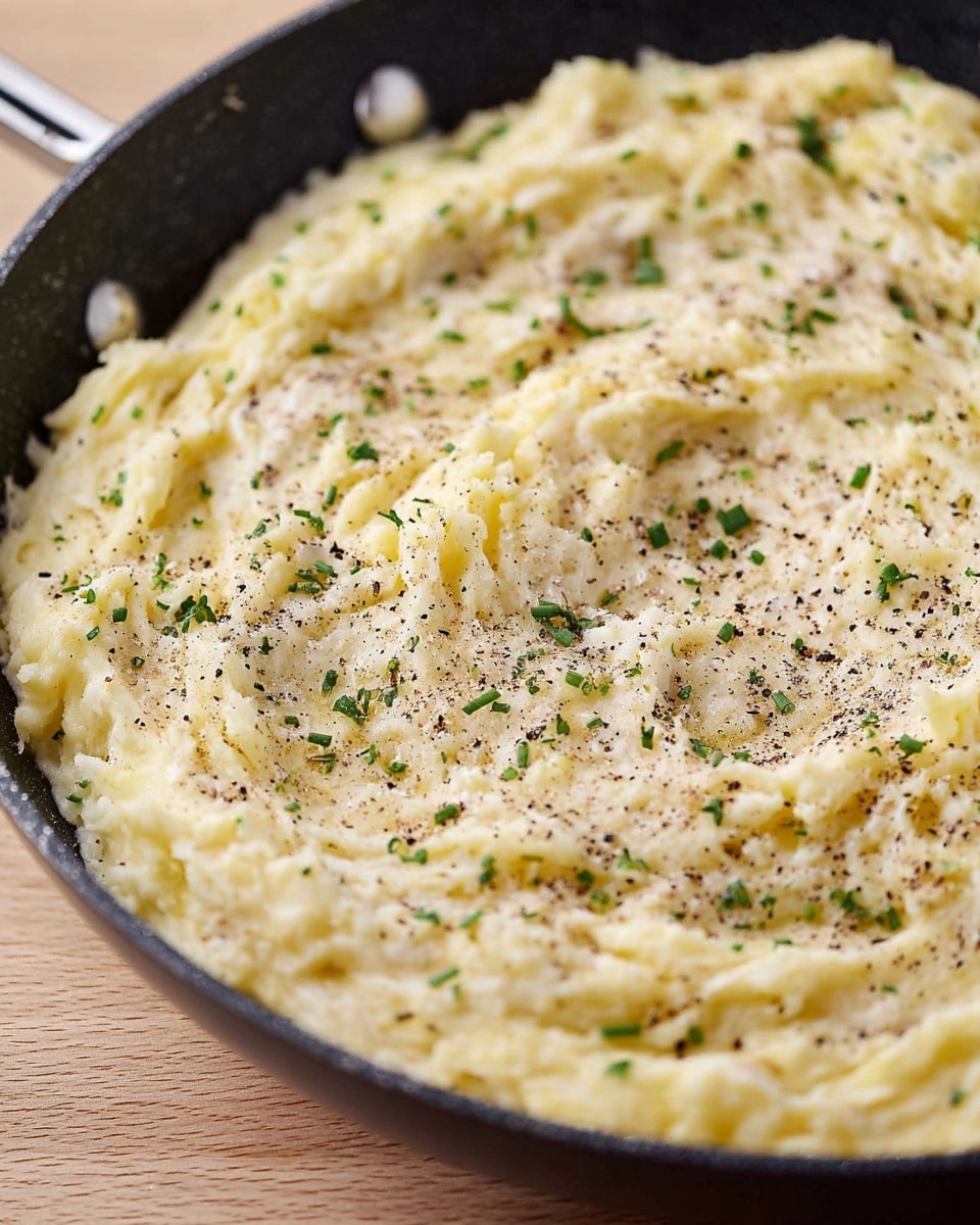 A close-up view of a black skillet filled with creamy mashed potatoes, showing a smooth, slightly chunky texture in a pale yellow color. The mashed potatoes are sprinkled generously with black pepper and chopped green herbs, scattered evenly across the surface. The skillet rests on a light-colored wooden surface, creating a contrast with the vibrant colors of the dish. photo taken with an iphone --ar 4:5 --v 7