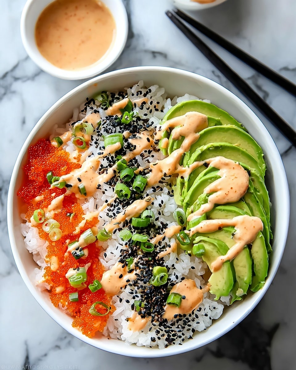 A white bowl filled with soft white rice forms the base layer, topped with thin cucumber slices on one side and pale pink crab meat pieces on the other. Light pink pickled ginger is placed at the edge of the bowl. Orange fish roe and finely chopped green onions are sprinkled over the top, along with black sesame seeds scattered evenly. A creamy light orange sauce is drizzled in diagonal lines across the bowl. The bowl sits on a white marbled surface with small drops of sauce around it. photo taken with an iphone --ar 4:5 --v 7