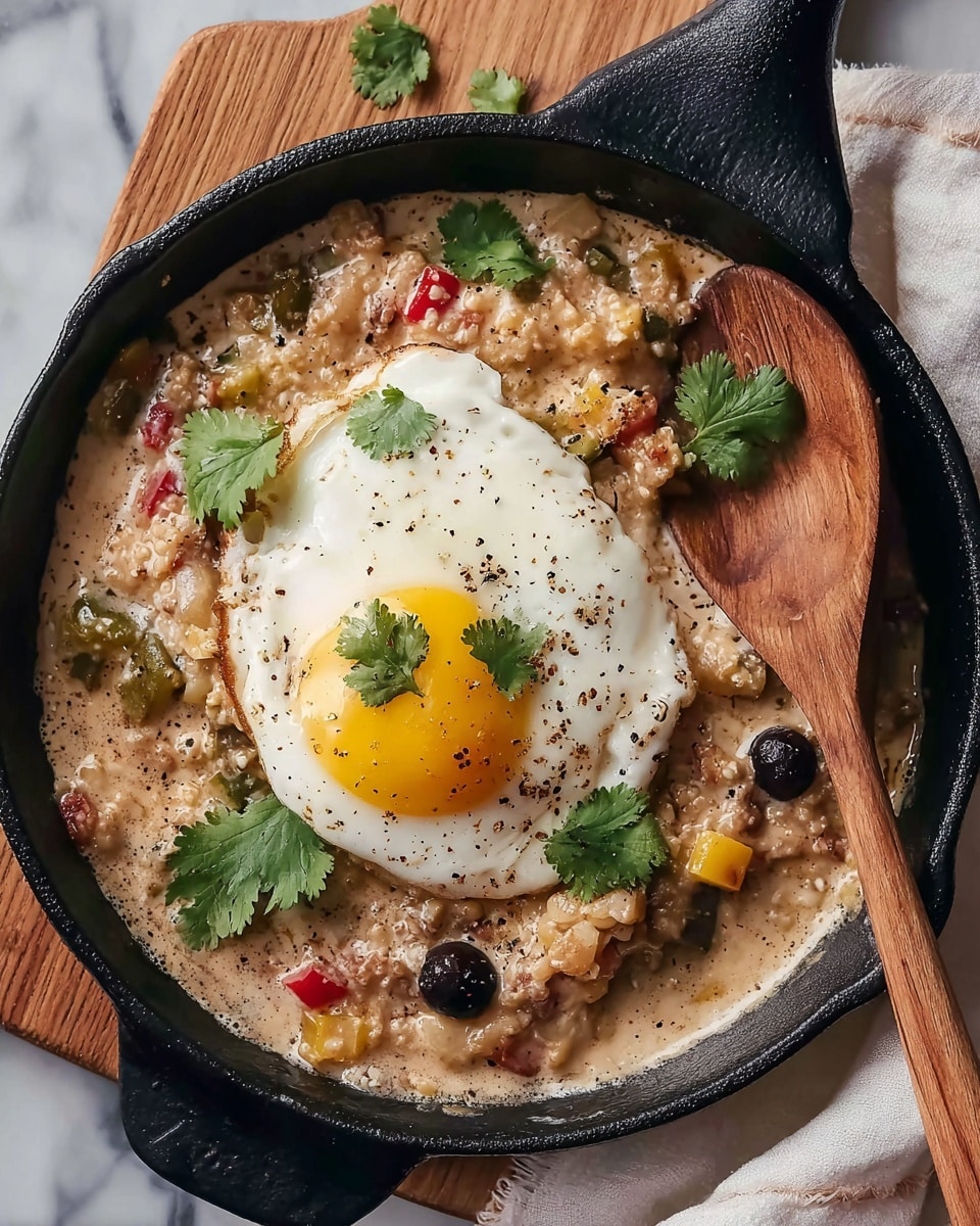 A black cast iron pan sits on a wooden surface with a wooden spoon lifting a portion of a creamy, beige grain mixture filled with colorful roasted vegetables, including green, yellow, and red strips. On top of the grains is a single sunny-side-up egg with a bright white and slightly runny yellow yolk center, garnished with green cilantro leaves and small dark round berries. The mixture appears slightly wet with a light brown gravy pooling around the edges, and a pale gray cloth is partially visible nearby. Photo taken with an iphone --ar 4:5 --v 7