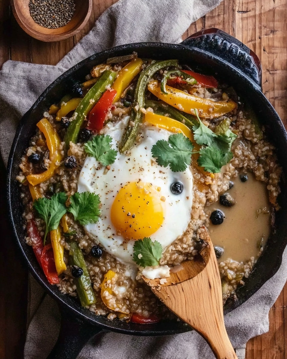 A black cast iron pan holds a layered dish with a creamy sauce base mixed with grains and vegetables. The first layer is a light-colored sauce with a smooth, slightly glossy texture. On top of this sauce are chunks of grains mixed with small pieces of red and yellow vegetables, adding a mix of warm beige, red, and yellow tones. Resting on this is a single fried egg with a white, slightly crispy edge and a bright yellow yolk center, sprinkled with black pepper and topped with fresh green cilantro leaves. Some small dark round toppings are scattered around the egg, adding contrast. A wooden spoon is placed on the right side, partially submerged in the dish. The pan sits on a white marbled textured surface with a white napkin slightly visible on the bottom right. photo taken with an iphone --ar 4:5 --v 7