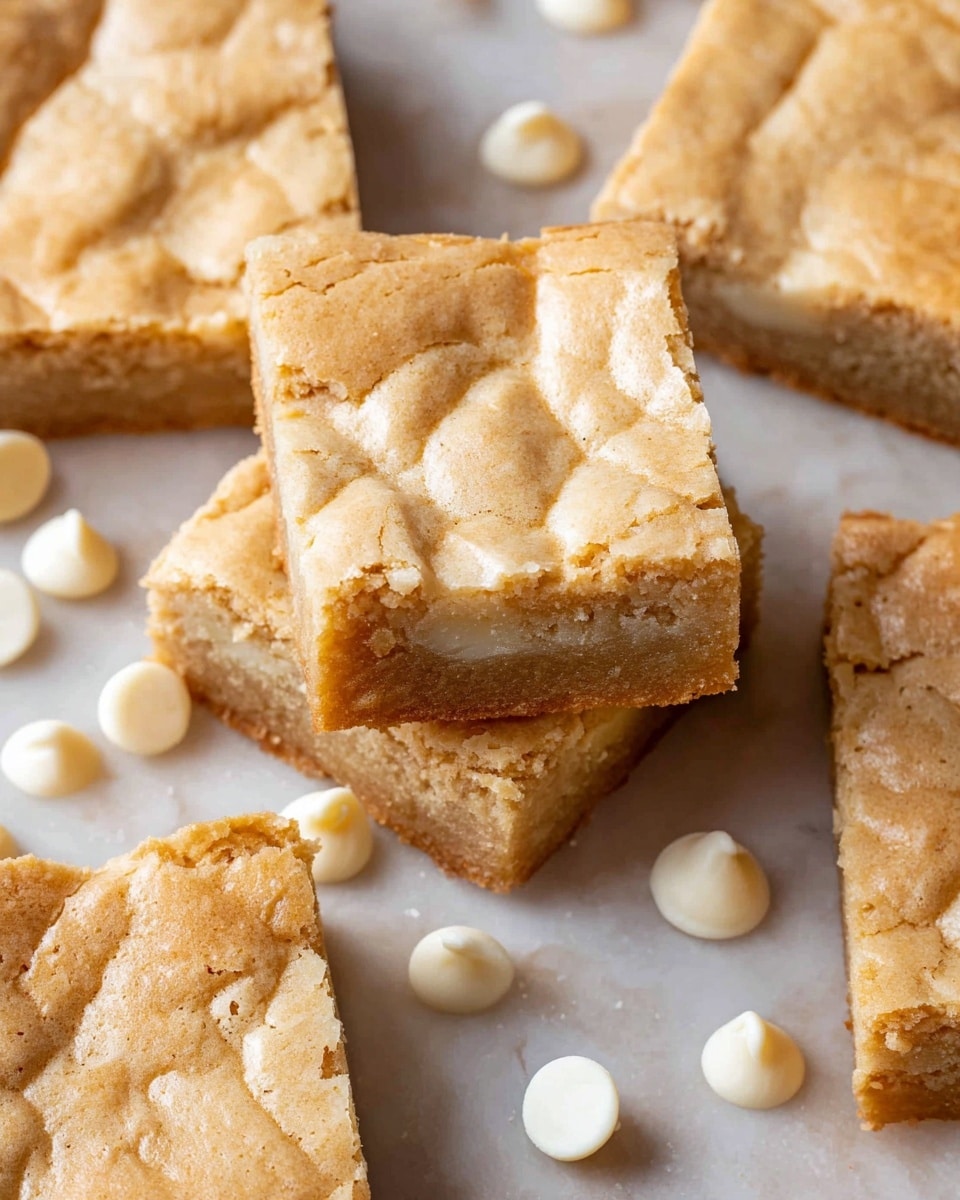 The image shows several square blondie bars with a slightly cracked light golden top layer and a dense, soft inner layer. Each blondie has two visible layers: the top is light tan with a smooth cracked surface, and the bottom layer is a bit darker and denser. The blondies are placed on a white marbled surface with scattered white chocolate chips around them. One blondie is standing vertically on the edge, showing its two layers clearly. photo taken with an iphone --ar 4:5 --v 7