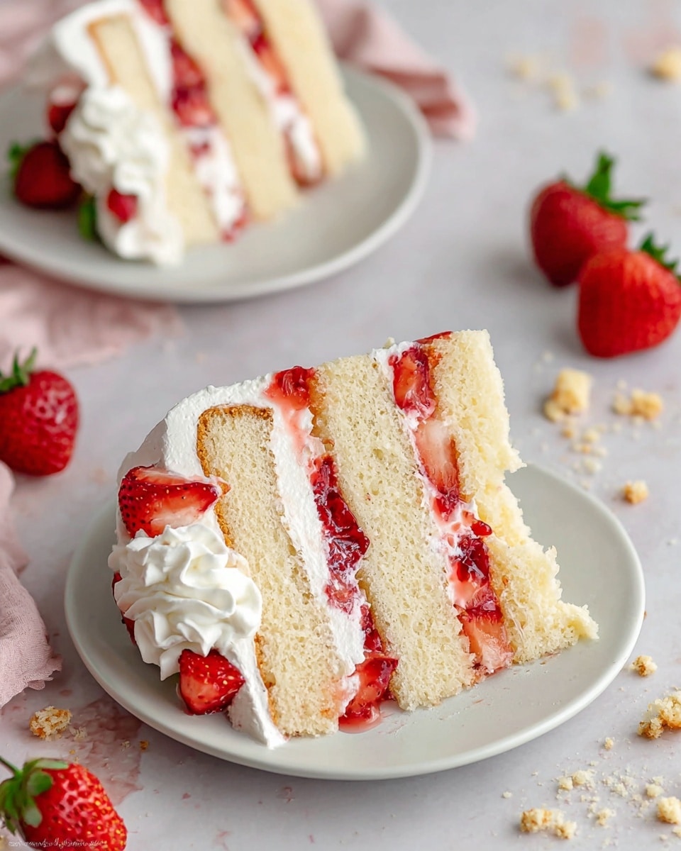 A slice of three-layer white cake sits on a white plate, each layer separated by thick, creamy white frosting mixed with bright red strawberry slices and a bit of strawberry syrup that oozes slightly. The cake layers have a soft and fluffy texture with a light golden brown outer edge. Fresh strawberry pieces and dollops of whipped cream decorate the top and sides of the slice. The plate rests on a white marbled surface scattered with some crumb bits and fresh strawberries around it, adding a fresh and inviting feel. In the background, a second plate with more cake is slightly blurred. photo taken with an iphone --ar 4:5 --v 7