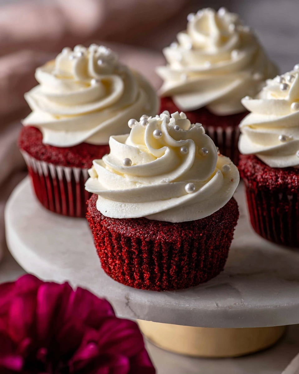 A group of six red velvet cupcakes sit closely together on a white marble cake stand with a dark wooden base. Each cupcake has a rich, deep red base with a slightly textured surface from the cupcake liner, topped by a thick, tall swirl of creamy white frosting that looks fluffy and smooth. Small decorative white pearls are scattered lightly on the frosting. To the right side of the image, there is a white textured vase filled with deep red roses and small white flowers, placed on red books. The background shows a subtle light brown and beige speckled texture resembling a white marbled surface. photo taken with an iphone --ar 4:5 --v 7