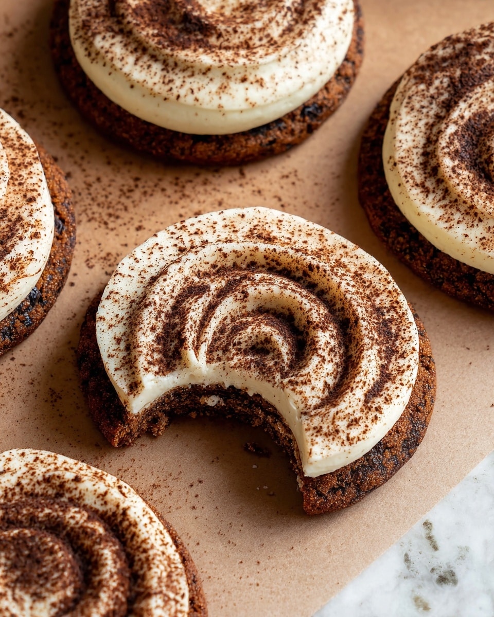 The image shows multiple round cookies laid on a beige parchment paper over a white marbled texture background. Each cookie has two visible layers: the bottom layer is a light brown cookie base with a slightly rough texture, and the top layer is a thick, creamy white icing piped in a spiral pattern. The icing is dusted unevenly with rich dark brown cocoa powder, creating a speckled look that contrasts with the smooth cream beneath it. The cookies are close together, filling the frame with a warm, inviting feel. Photo taken with an iphone --ar 4:5 --v 7