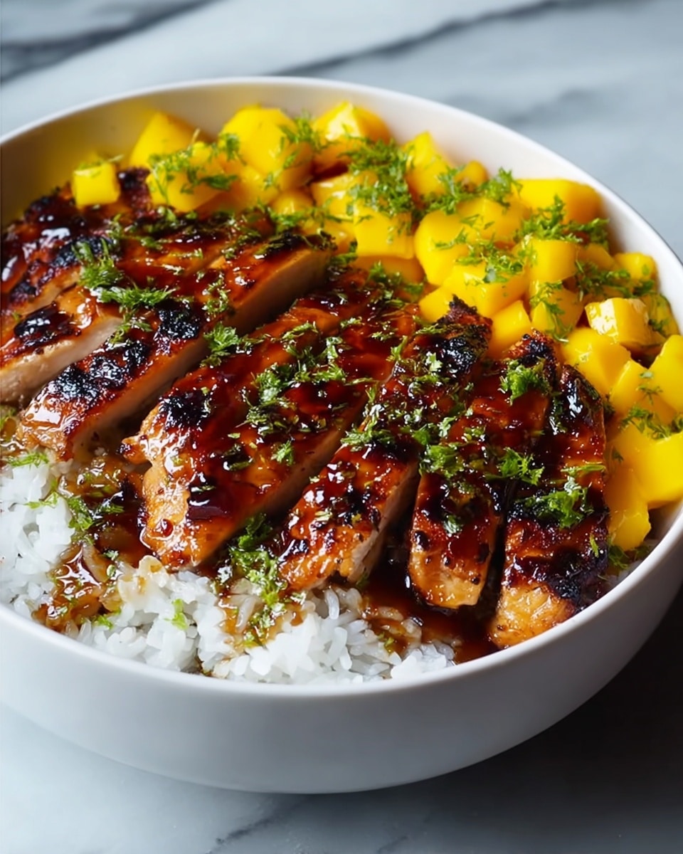 The image shows a white bowl filled with three layers of food. The bottom layer is soft, white rice that fills the whole bowl. On the rice, there is a layer of grilled chicken sliced into thick pieces, the chicken is glazed with a shiny, dark brown sauce with charred spots, giving it a rich, sticky look. Around the chicken are bright yellow mango cubes, fresh and juicy looking. The top is sprinkled with small pieces of green herbs, adding a fresh touch and color contrast. All this is on a white marbled surface. photo taken with an iphone --ar 4:5 --v 7
