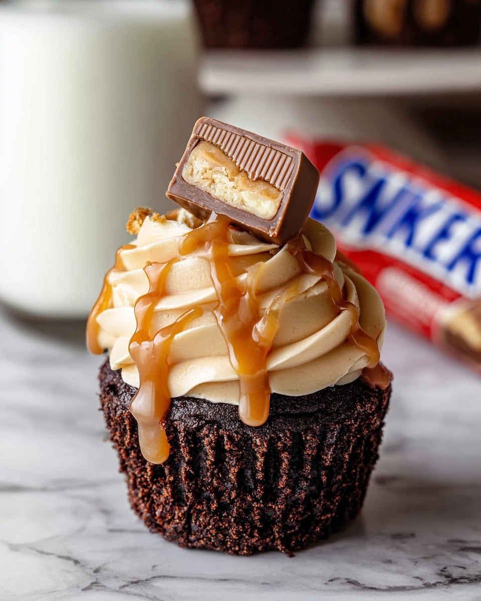 The image shows five chocolate cupcakes on a cooling rack above a white marbled texture. Each cupcake has a dark brown base with a white paper liner and is topped with a thick swirl of light caramel-colored frosting. Drizzled over the frosting is a rich caramel sauce, adding a glossy finish. At the top of each swirl, there is a small piece of a chocolate candy bar with visible caramel and nougat inside. In the background, there are two clear glasses filled with milk, slightly out of focus. The overall look is inviting and sweet, with a mix of smooth, creamy, and crunchy textures. Photo taken with an iphone --ar 4:5 --v 7